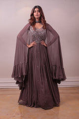 Designer Brown Chiffon Emblished Cape Gown sasyafashion