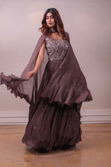 Designer Brown Chiffon Emblished Cape Gown sasyafashion