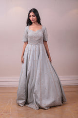 Designer Grey Raw Silk Gown sasyafashion