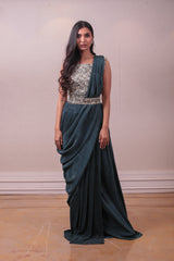 Designer Green Lycra Drape Saree Embedded Blouse sasyafashion