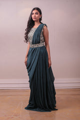 Designer Green Lycra Drape Saree Embedded Blouse sasyafashion