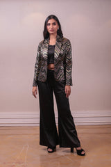 Designer Metallic Black Party Wear crop Top with Blazer Set sasyafashion