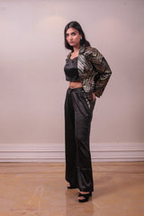 Designer Metallic Black Party Wear crop Top with Blazer Set sasyafashion
