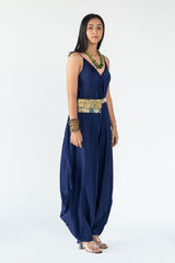 Raw silk, Printed Sequence Blue Jumpsuit sasyafashion