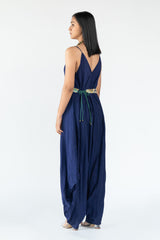 Raw silk, Printed Sequence Blue Jumpsuit sasyafashion