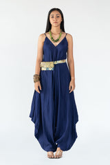 Raw silk, Printed Sequence Blue Jumpsuit sasyafashion
