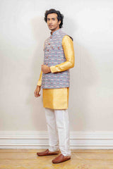 Kurta Jacket For Men In Blue and Yellow Colour sasyafashion