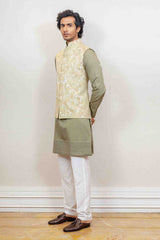 Kurta Jacket For Men In Off White and Green Colour sasyafashion