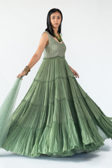 Mesh Tiered Gown in Green colour sasyafashion