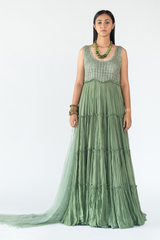 Mesh Tiered Gown in Green colour sasyafashion
