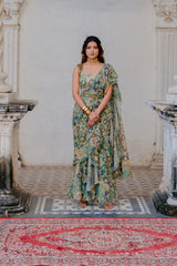Ruffle drape Sari in Green Color sasyafashion