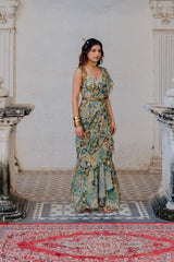 Ruffle drape Sari in Green Color sasyafashion