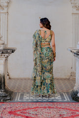 Ruffle drape Sari in Green Color sasyafashion