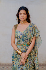 Ruffle drape Sari in Green Color sasyafashion