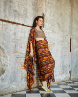 Designer yellow multi colour printed Hand Embroidered drape skirt Jacket set sasyafashion